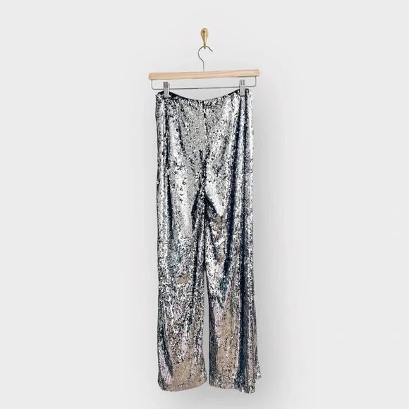 FOREVER 21 Silver Sequin Wide Leg Pants (Sz M) - Picture 4 of 6
